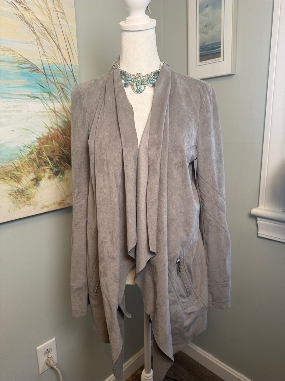 Saks Fifth Avenue Gray Suede Draped Open-Front Blazer
